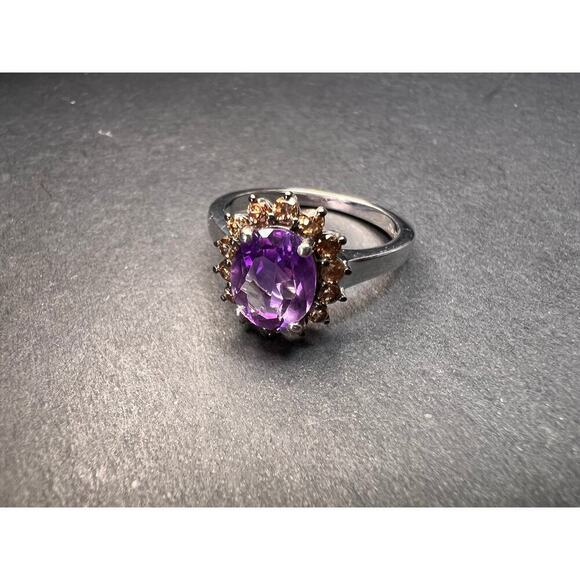 NEW Amethyst and brown zircon halo ring in platinum over sterling silver size 8 - Picture 4 of 16